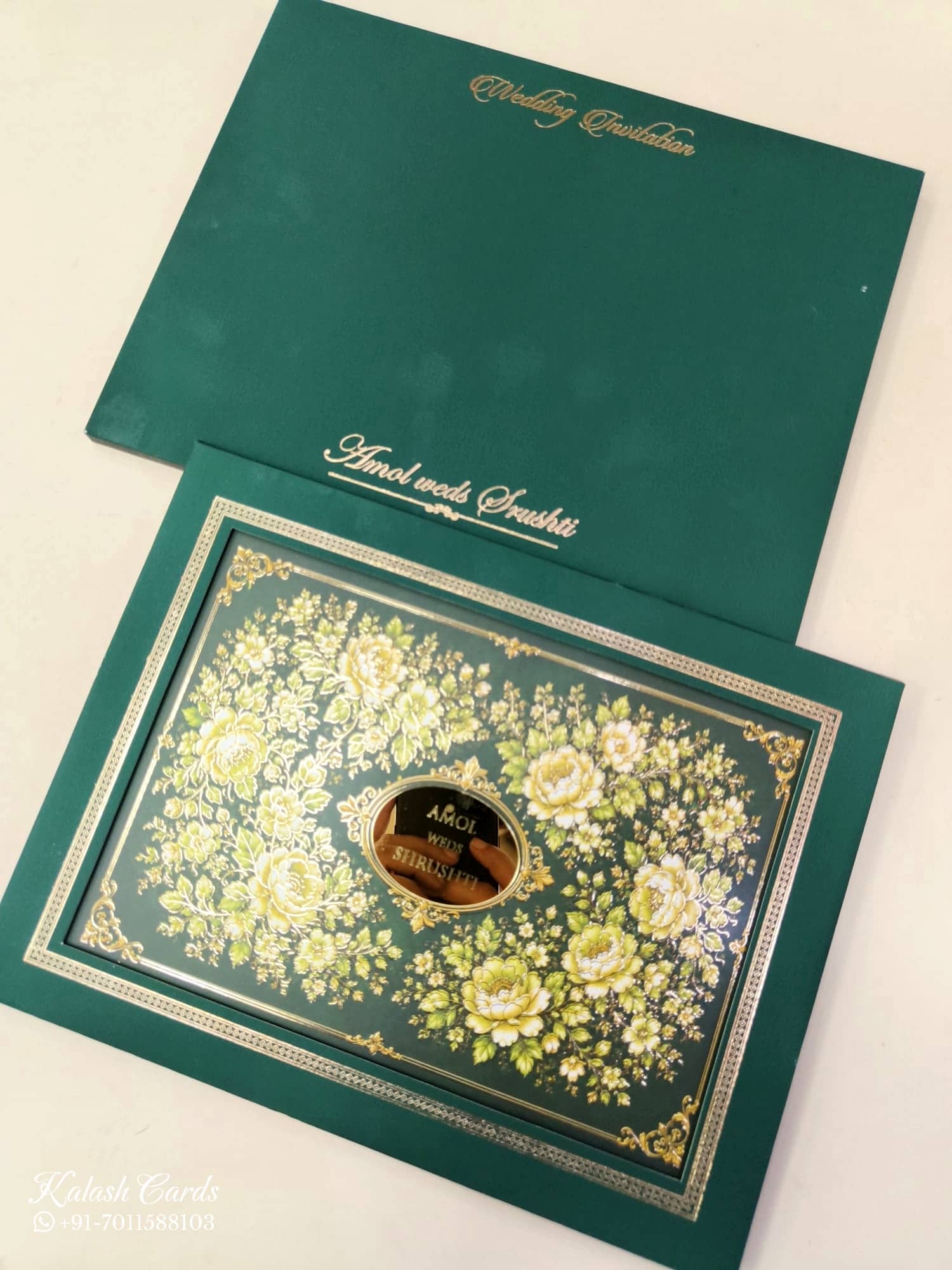 KLB849 Rose Floral Design Green Color Leatherette Hardboard Padding Thick Wedding Card (2 Page & Couple Name Acrylic)