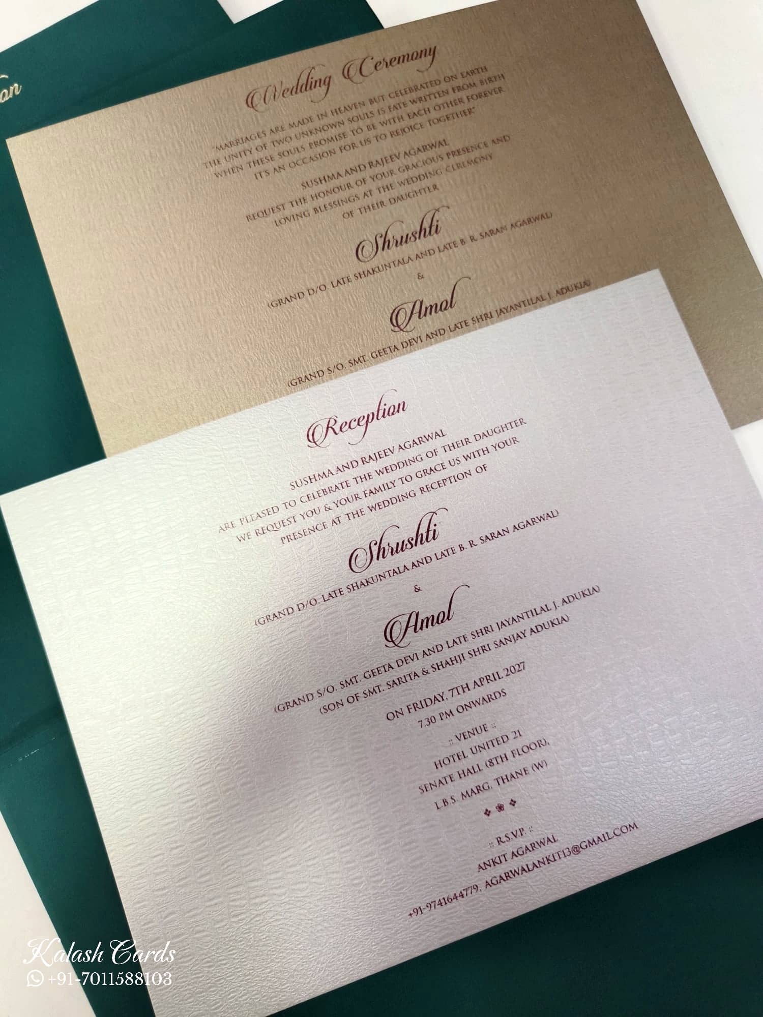 KLB849 Rose Floral Design Green Color Leatherette Hardboard Padding Thick Wedding Card (2 Page & Couple Name Acrylic)