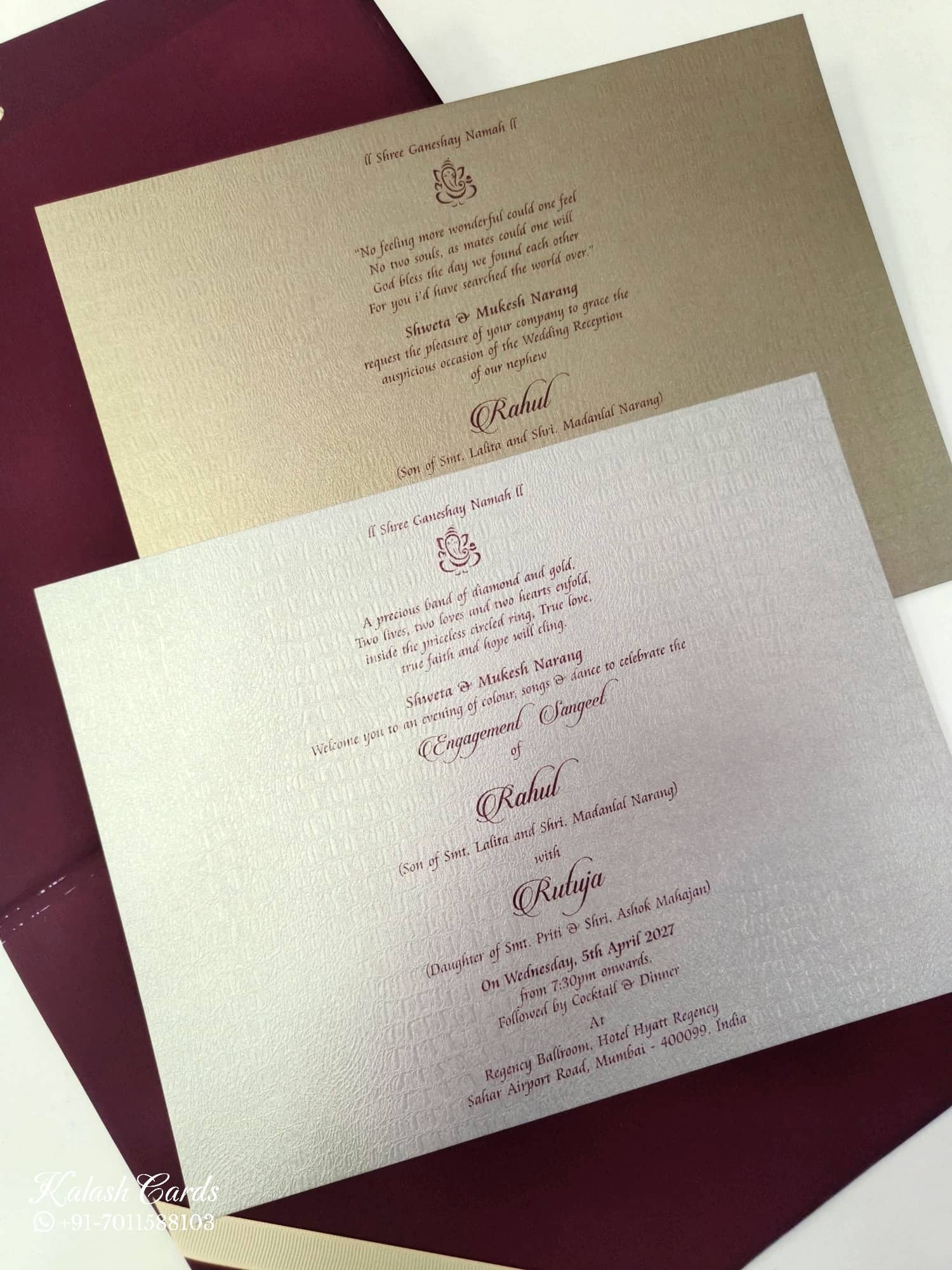 KLB850 Elephant Design Maroon Color Leatherette Hardboard Padding Thick Wedding Card (2 Page & Couple Name Acrylic)