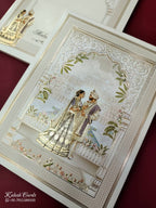 KLB851 Dulha Dulhan Royal Fort Design Creme Color Embossed Hardboard Padding Thick Wedding Card (2 Page)