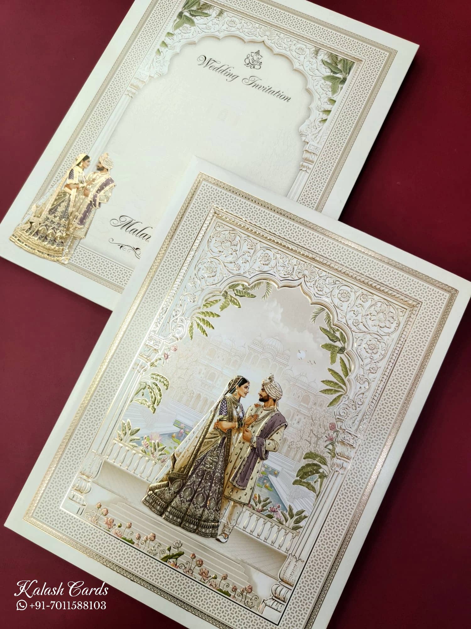 KLB851 Dulha Dulhan Royal Fort Design Creme Color Embossed Hardboard Padding Thick Wedding Card (2 Page)
