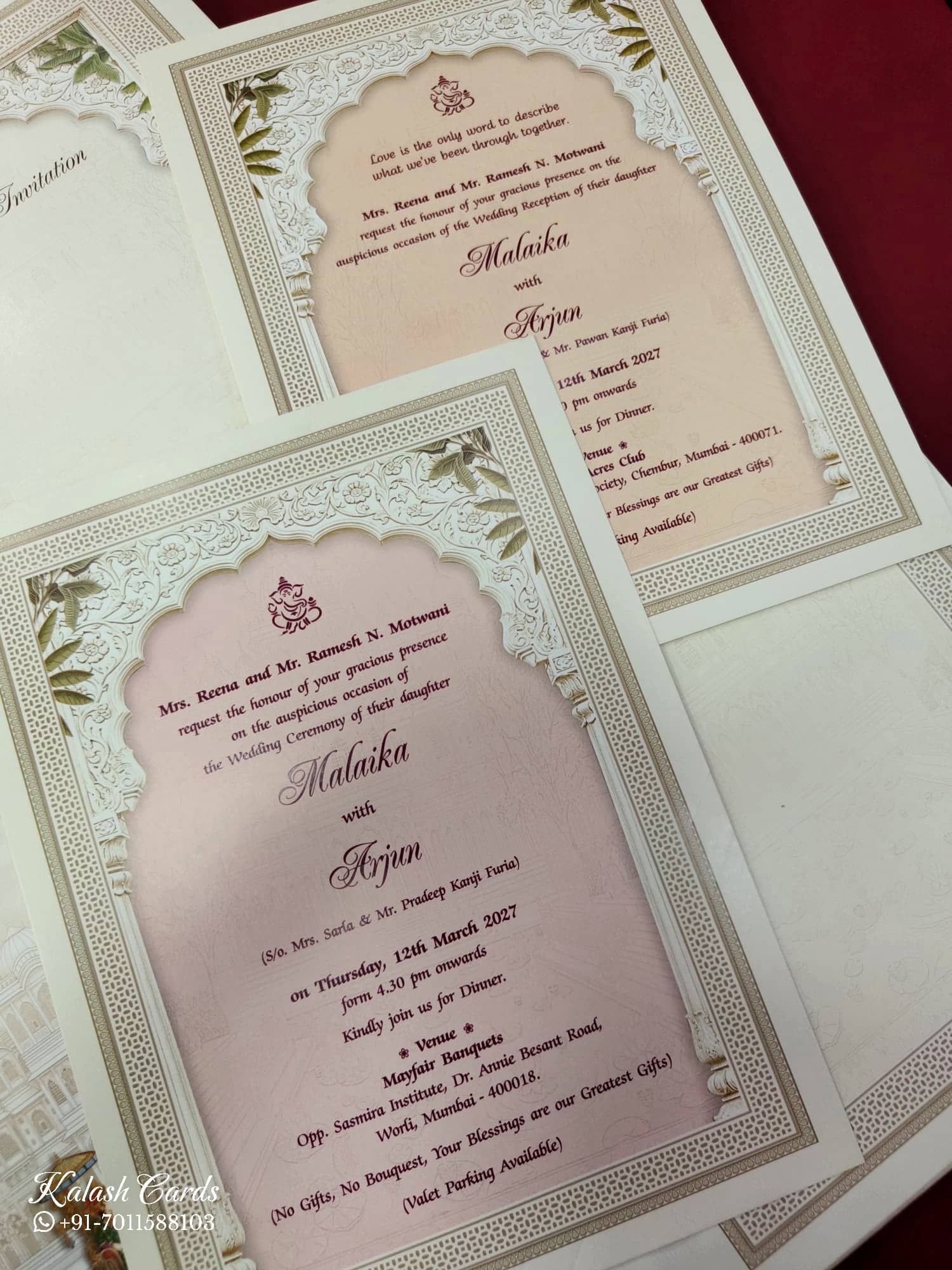 KLB851 Dulha Dulhan Royal Fort Design Creme Color Embossed Hardboard Padding Thick Wedding Card (2 Page)