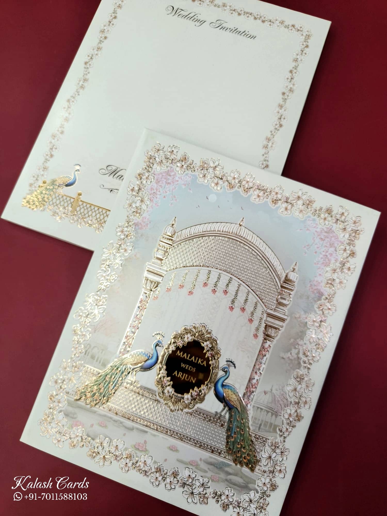 KLB852 Peacock Design Creme Color Embossed Hardboard Padding Thick Wedding Card (2 Page & Couple Name Acrylic)