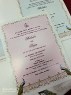 KLB852 Peacock Design Creme Color Embossed Hardboard Padding Thick Wedding Card (2 Page & Couple Name Acrylic)