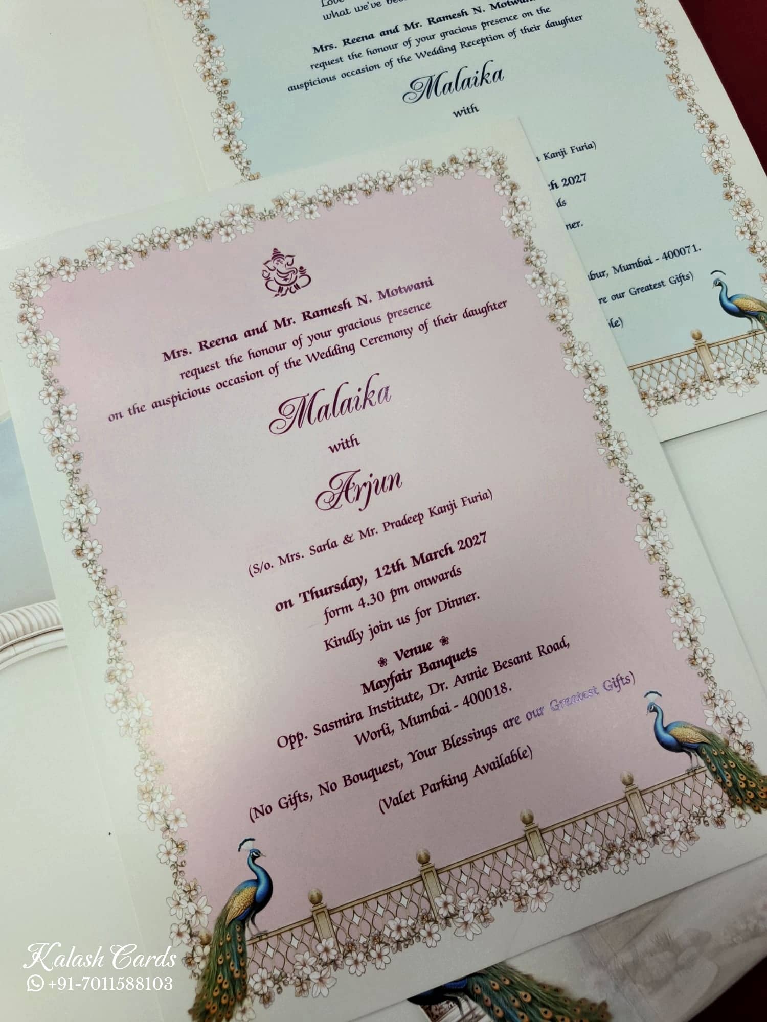 KLB852 Peacock Design Creme Color Embossed Hardboard Padding Thick Wedding Card (2 Page & Couple Name Acrylic)