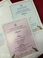KLB852 Peacock Design Creme Color Embossed Hardboard Padding Thick Wedding Card (2 Page & Couple Name Acrylic)