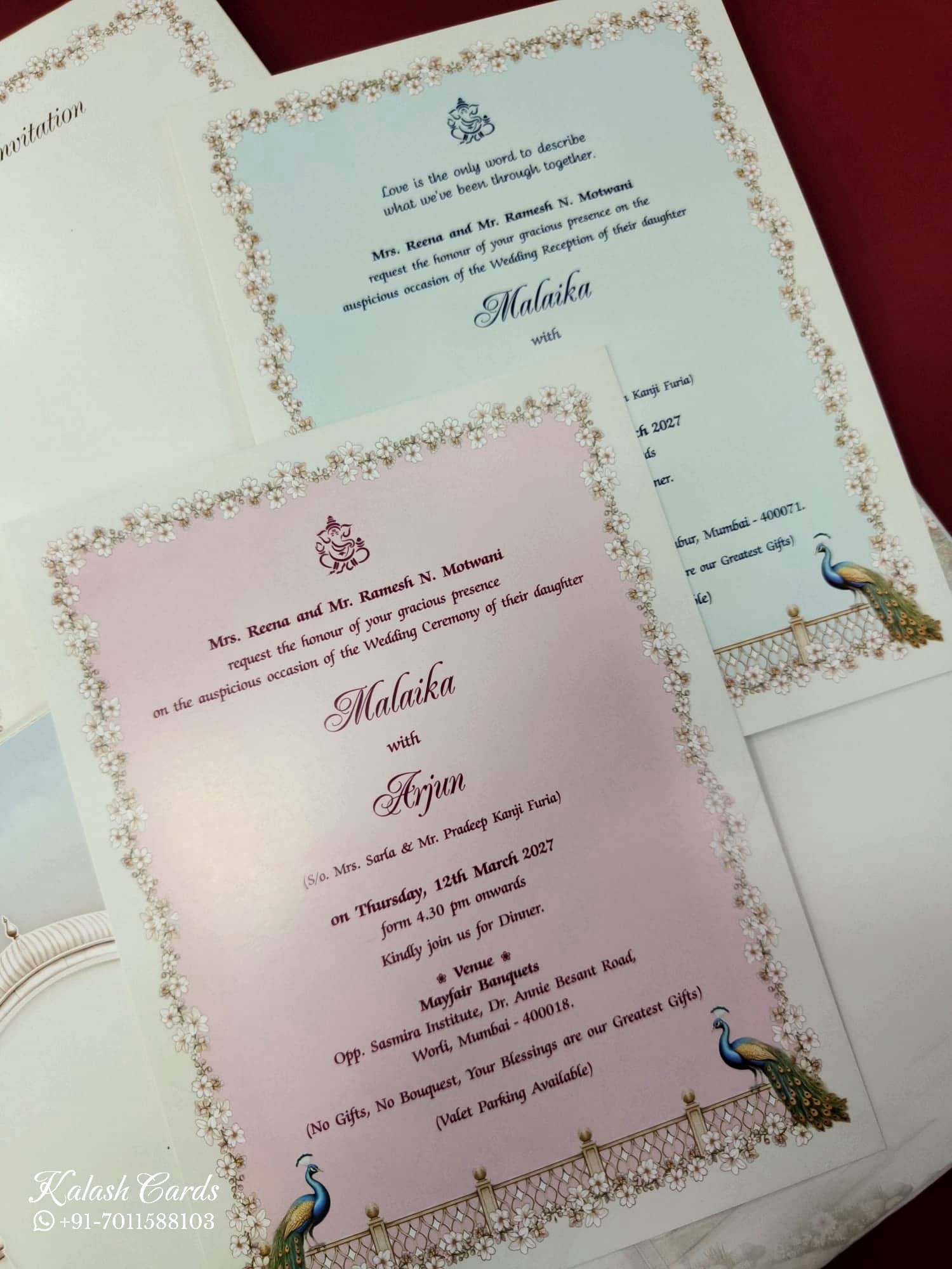 KLB852 Peacock Design Creme Color Embossed Hardboard Padding Thick Wedding Card (2 Page & Couple Name Acrylic)