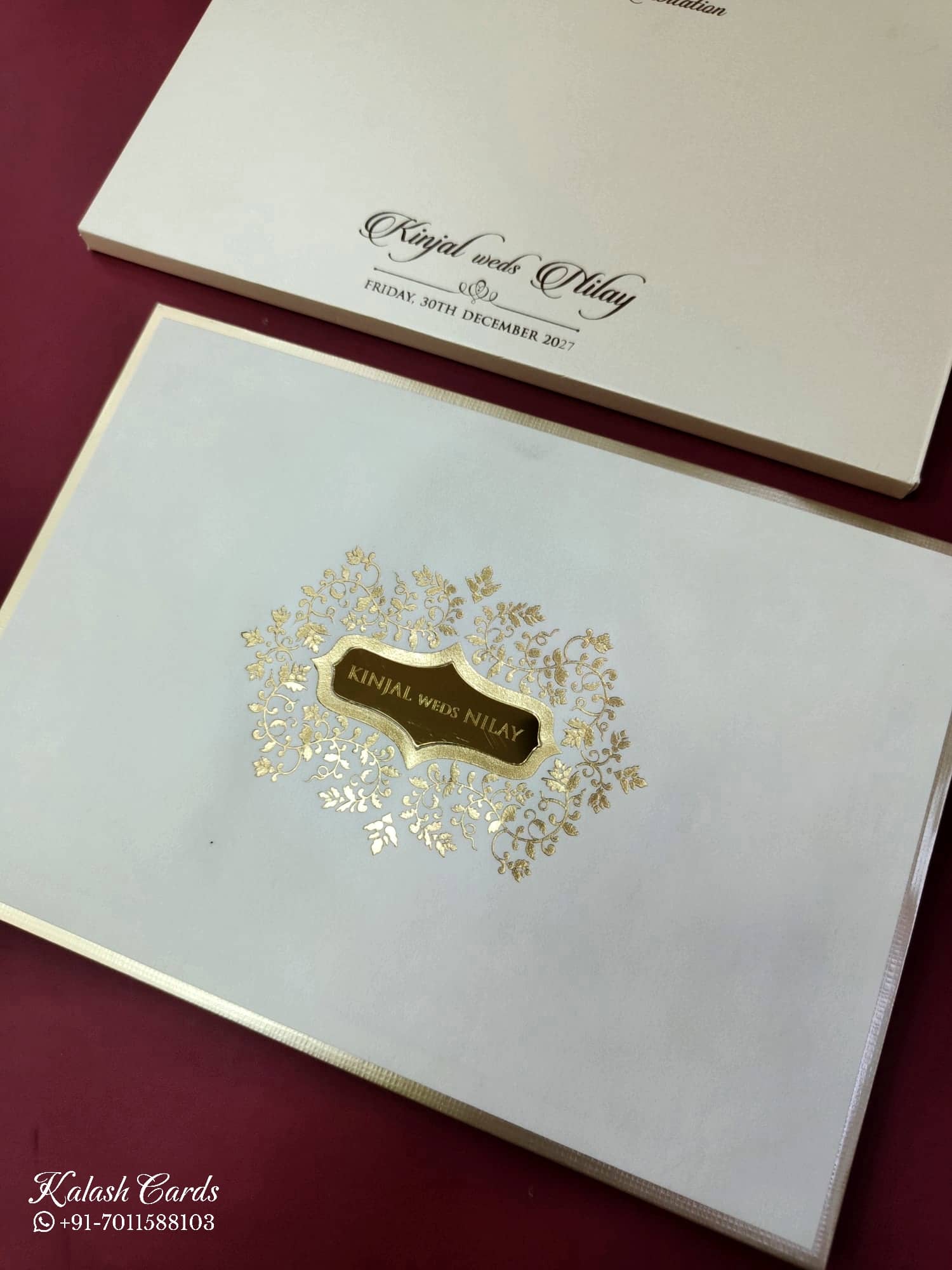 KLB853 White Golden Color Velvet Hardboard Padding Thick Wedding Card (2 Page & Couple Name Acrylic)
