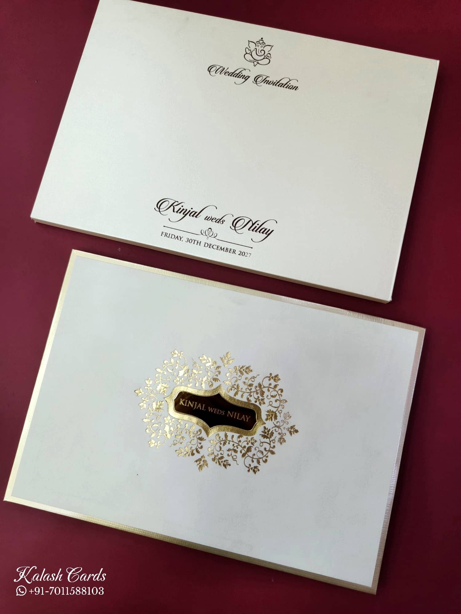 KLB853 White Golden Color Velvet Hardboard Padding Thick Wedding Card (2 Page & Couple Name Acrylic)
