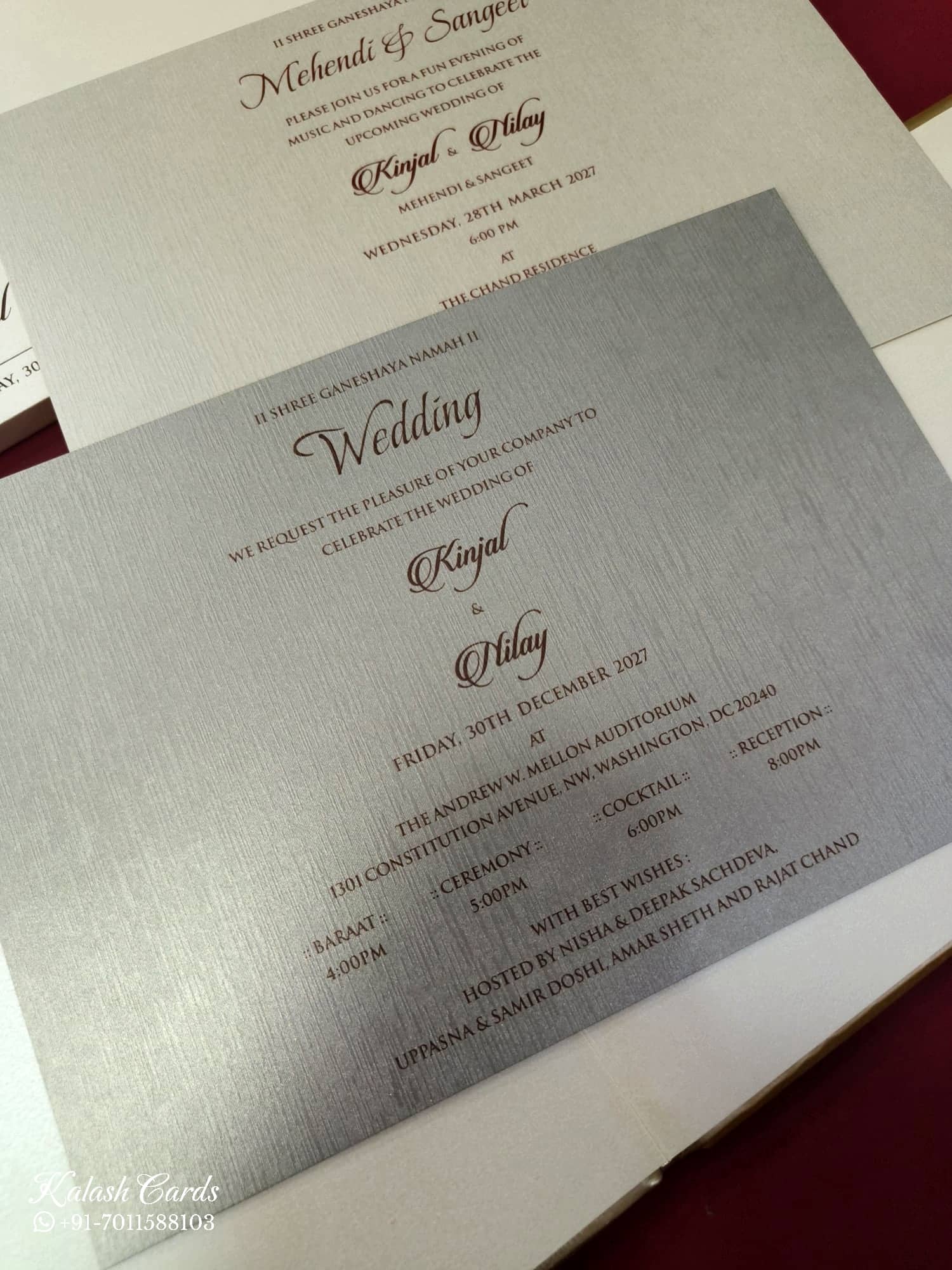 KLB853 White Golden Color Velvet Hardboard Padding Thick Wedding Card (2 Page & Couple Name Acrylic)