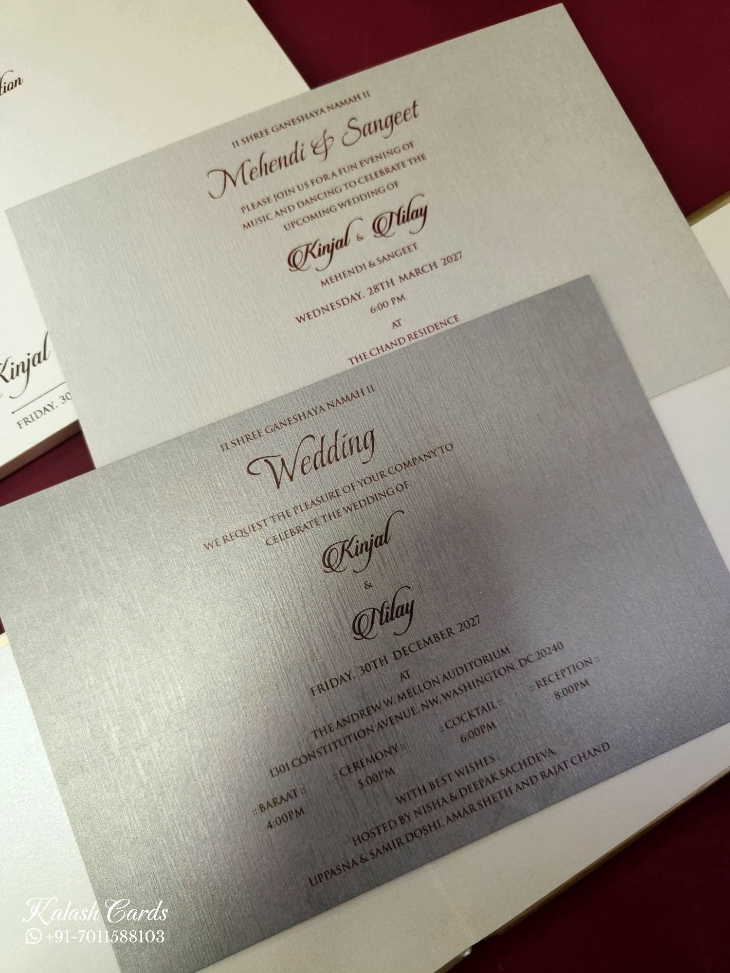 KLB853 White Golden Color Velvet Hardboard Padding Thick Wedding Card (2 Page & Couple Name Acrylic)