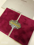 KLB855 Floral Design Red Golden Color Velvet Double Door Style Hardboard Padding Thick Wedding Card (2 Page & Couple Name Acrylic)