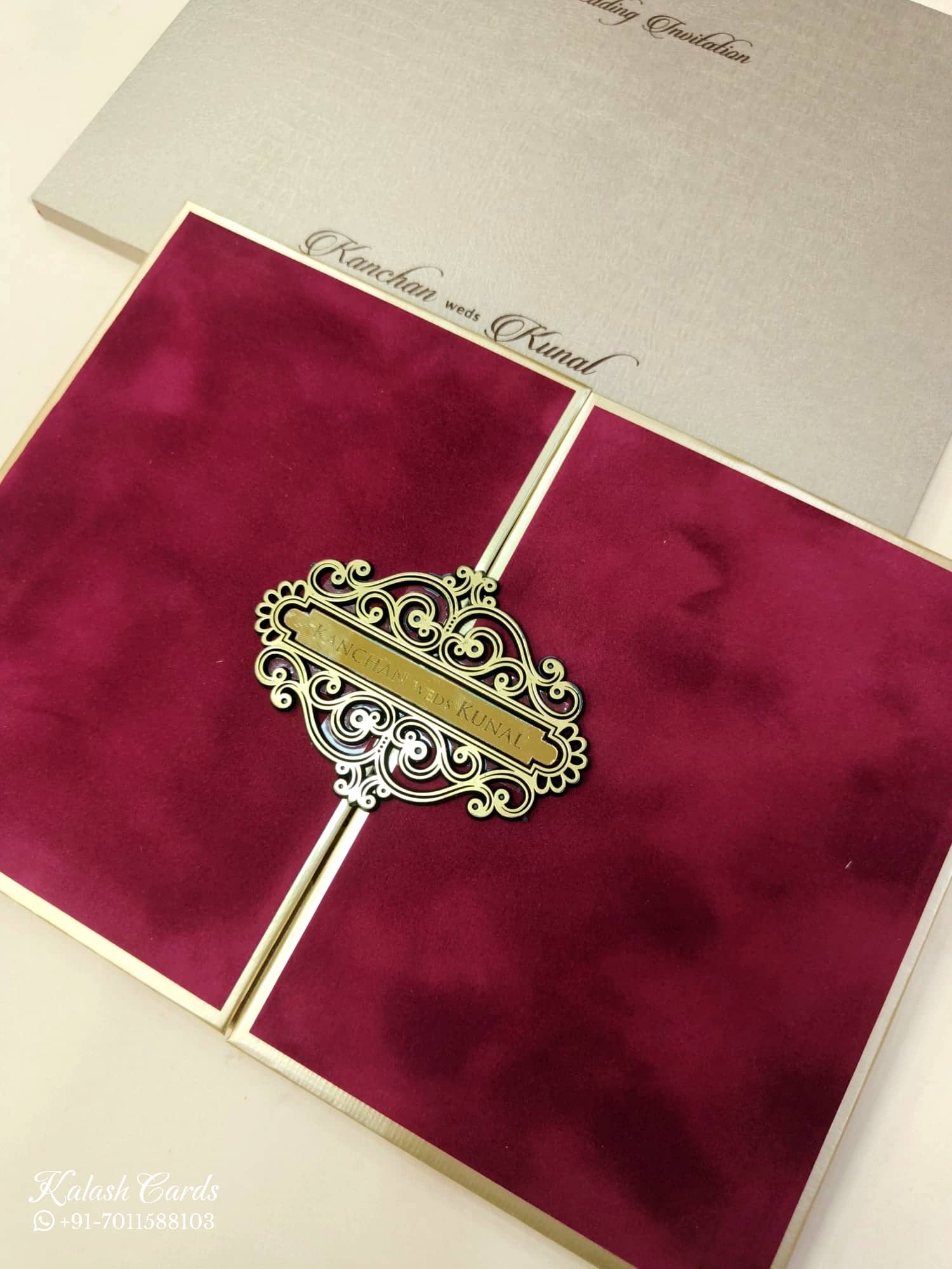 KLB855 Floral Design Red Golden Color Velvet Double Door Style Hardboard Padding Thick Wedding Card (2 Page & Couple Name Acrylic)