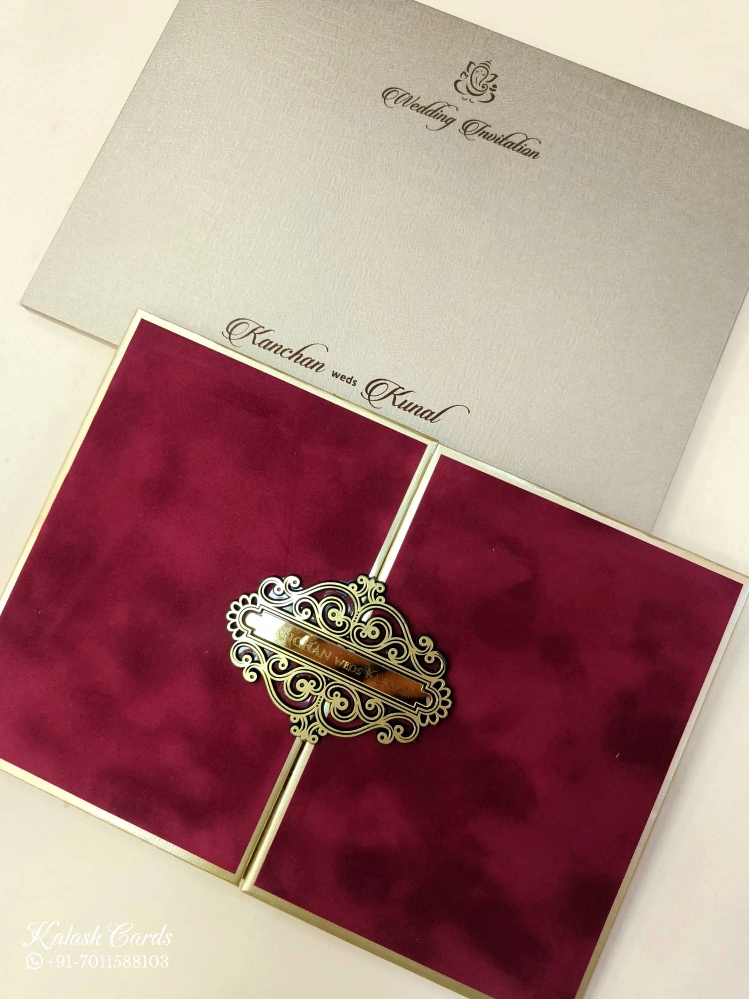 KLB855 Floral Design Red Golden Color Velvet Double Door Style Hardboard Padding Thick Wedding Card (2 Page & Couple Name Acrylic)