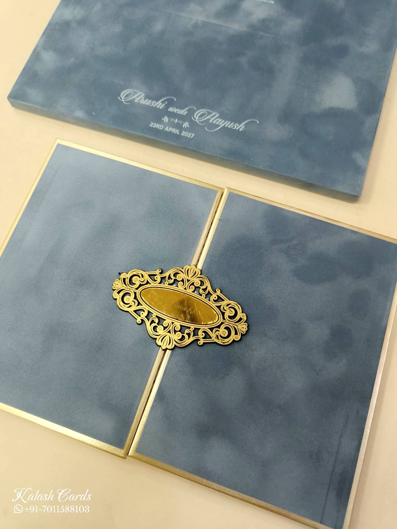 KLB856 Floral Design Grey Golden Color Velvet Double Door Style Hardboard Padding Thick Wedding Card (2 Page & Couple Name Acrylic)