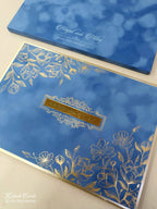 KLB857 Floral Design Blue Golden Color Velvet Double Door Style Hardboard Padding Thick Wedding Card (2 Page & Couple Name Acrylic)