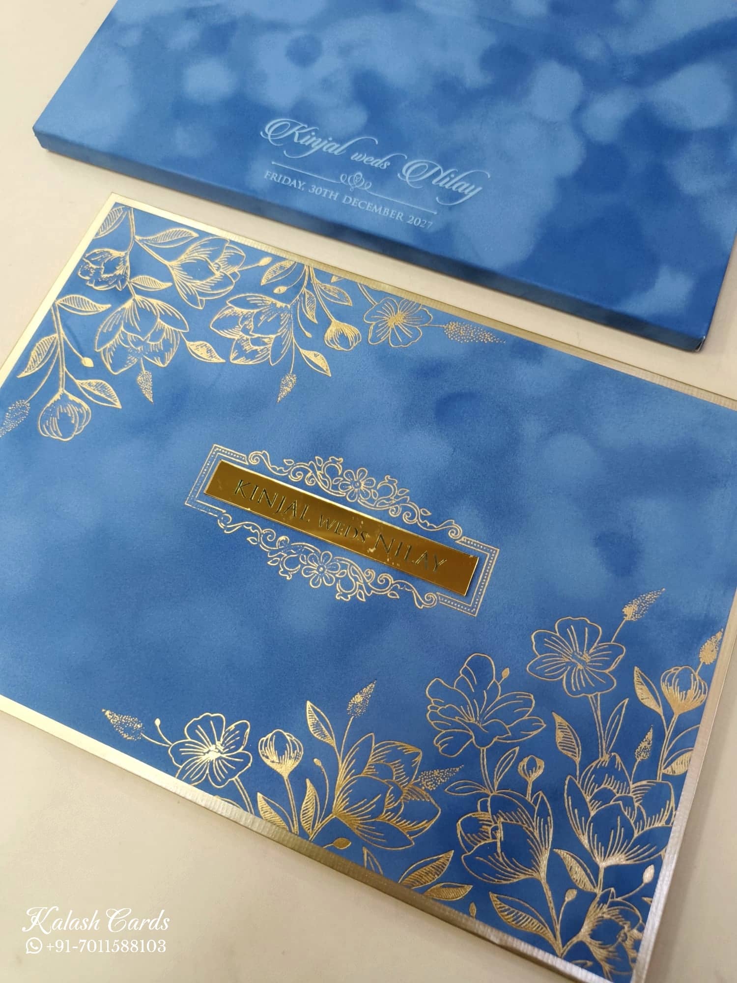 KLB857 Floral Design Blue Golden Color Velvet Double Door Style Hardboard Padding Thick Wedding Card (2 Page & Couple Name Acrylic)