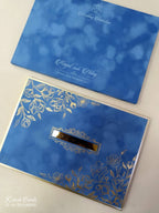KLB857 Floral Design Blue Golden Color Velvet Double Door Style Hardboard Padding Thick Wedding Card (2 Page & Couple Name Acrylic)