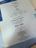 KLB857 Floral Design Blue Golden Color Velvet Double Door Style Hardboard Padding Thick Wedding Card (2 Page & Couple Name Acrylic)