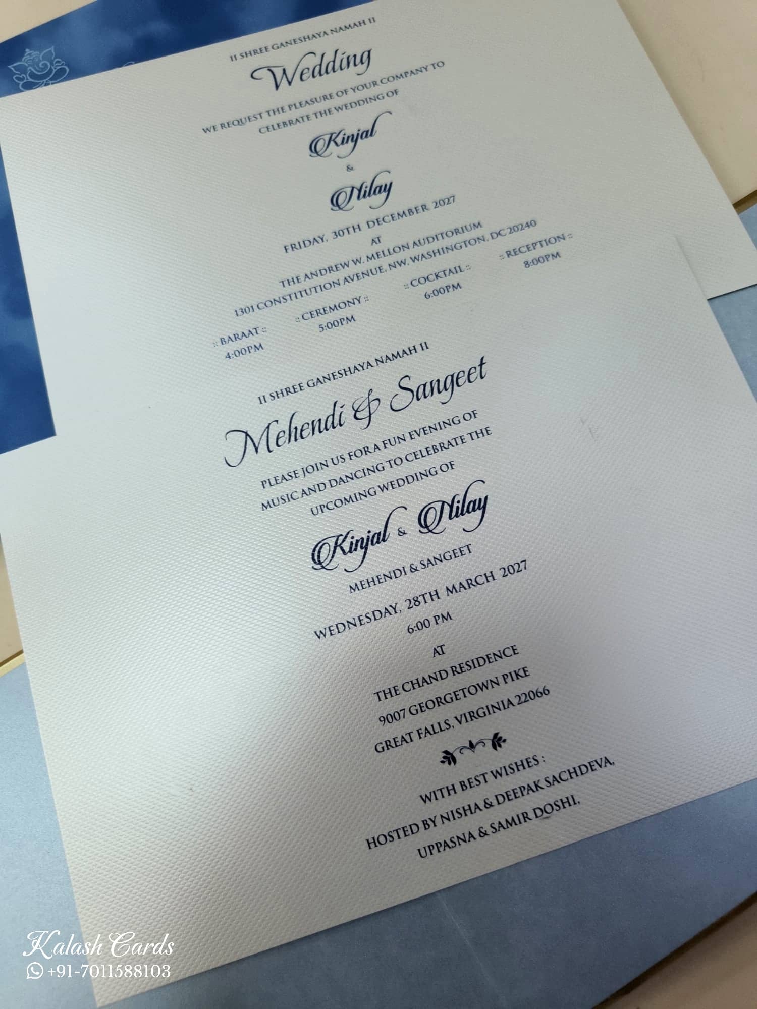 KLB857 Floral Design Blue Golden Color Velvet Double Door Style Hardboard Padding Thick Wedding Card (2 Page & Couple Name Acrylic)