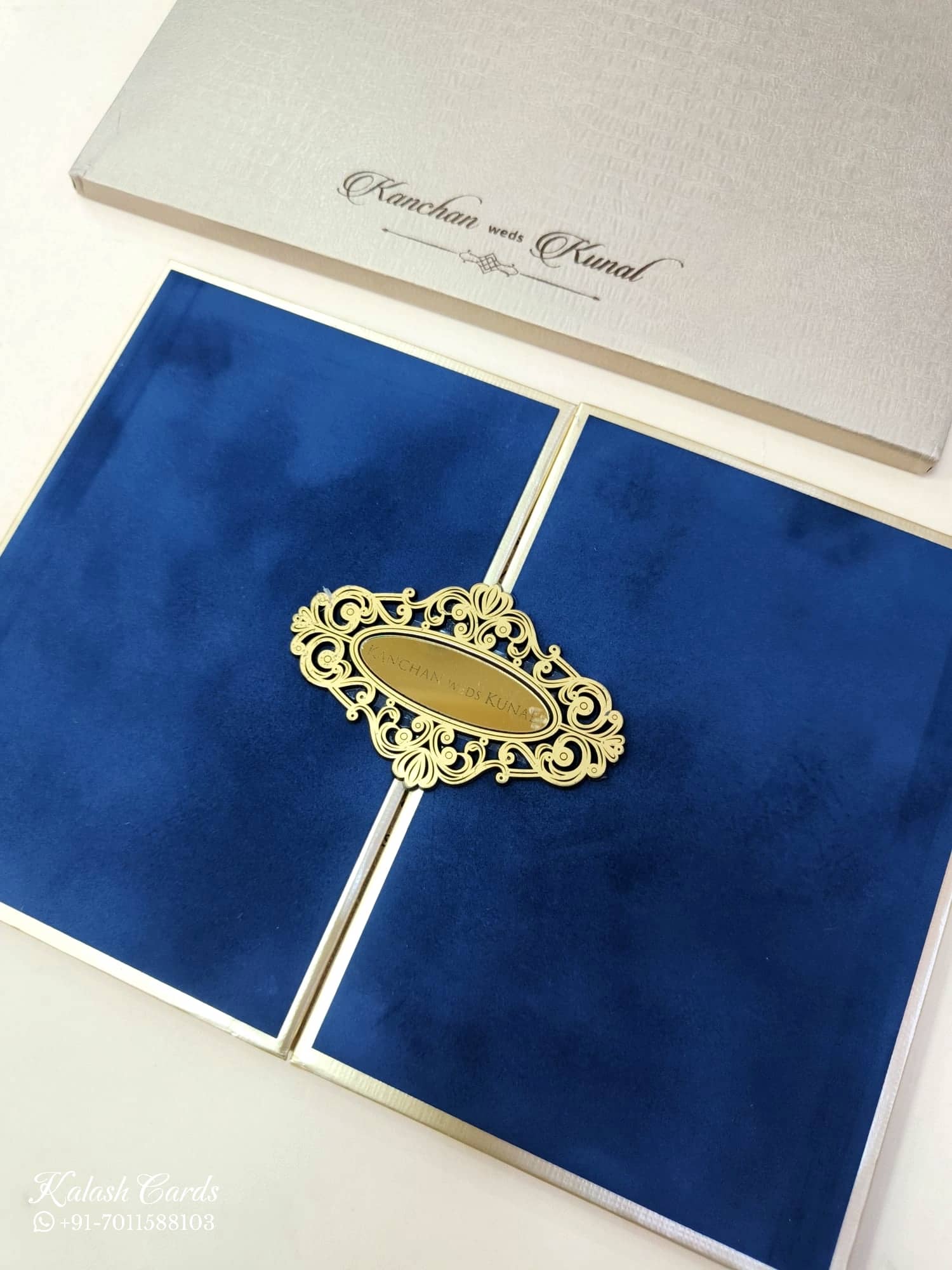 KLB858 Floral Design Royal Blue Color Velvet Double Door Style Hardboard Padding Thick Wedding Card (2 Page & Couple Name Acrylic)