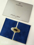 KLB858 Floral Design Royal Blue Color Velvet Double Door Style Hardboard Padding Thick Wedding Card (2 Page & Couple Name Acrylic)
