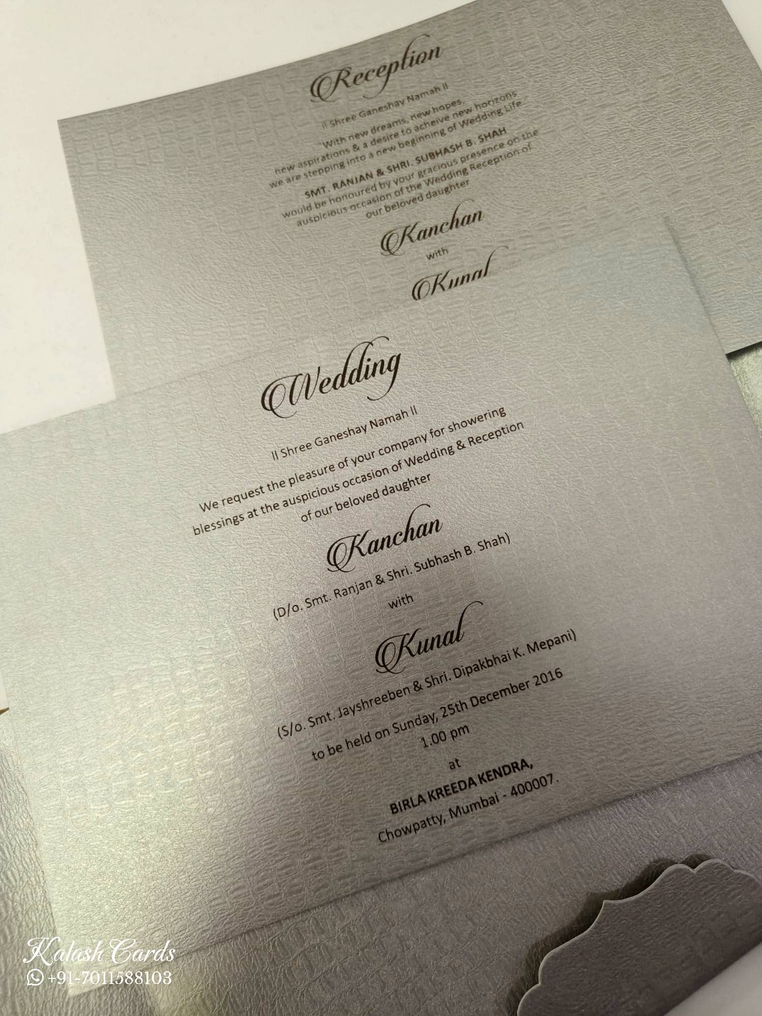 KLB858 Floral Design Royal Blue Color Velvet Double Door Style Hardboard Padding Thick Wedding Card (2 Page & Couple Name Acrylic)