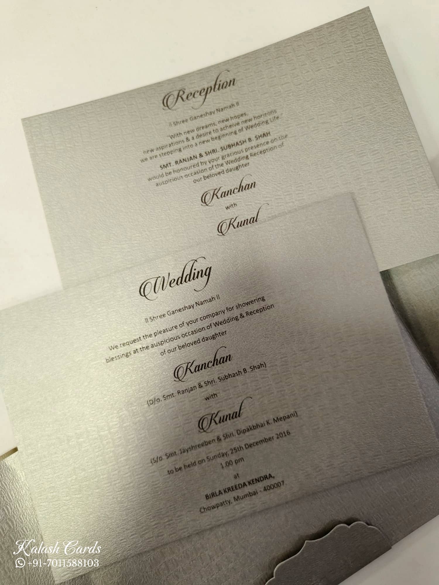 KLB858 Floral Design Royal Blue Color Velvet Double Door Style Hardboard Padding Thick Wedding Card (2 Page & Couple Name Acrylic)