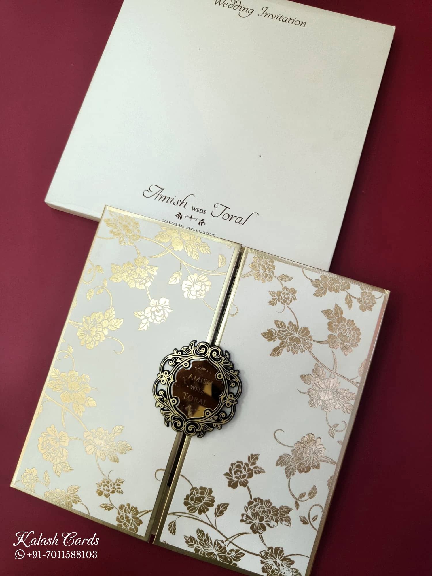 KLB859 Rose Floral Design White Golden Color Double Door Style Hardboard Padding Thick Wedding Card (2 Page & Couple Name Acrylic)