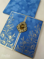 KLB860 Floral Design Blue Color Velvet Double Door Style Hardboard Padding Thick Wedding Card (2 Page & Couple Name Acrylic)