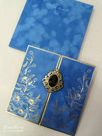 KLB860 Floral Design Blue Color Velvet Double Door Style Hardboard Padding Thick Wedding Card (2 Page & Couple Name Acrylic)