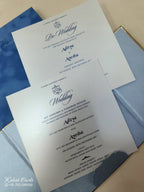 KLB860 Floral Design Blue Color Velvet Double Door Style Hardboard Padding Thick Wedding Card (2 Page & Couple Name Acrylic)