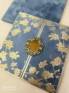KLB861 Rose Floral Design Grey Golden Color Velvet Semi Box Hardboard Padding Thick Wedding Card (2 Page & Couple Name Acrylic)