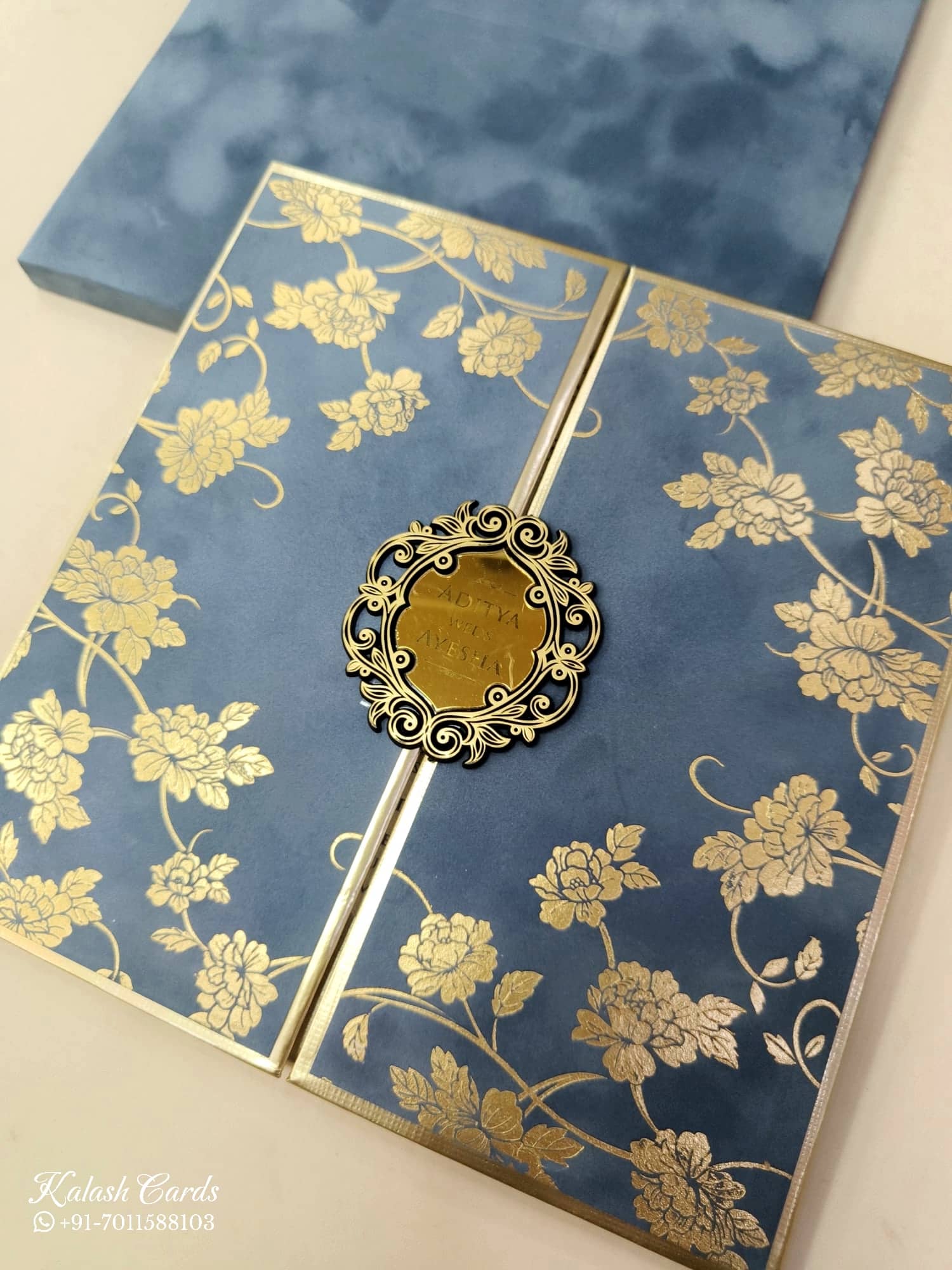 KLB861 Rose Floral Design Grey Golden Color Velvet Semi Box Hardboard Padding Thick Wedding Card (2 Page & Couple Name Acrylic)