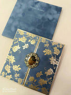KLB861 Rose Floral Design Grey Golden Color Velvet Semi Box Hardboard Padding Thick Wedding Card (2 Page & Couple Name Acrylic)