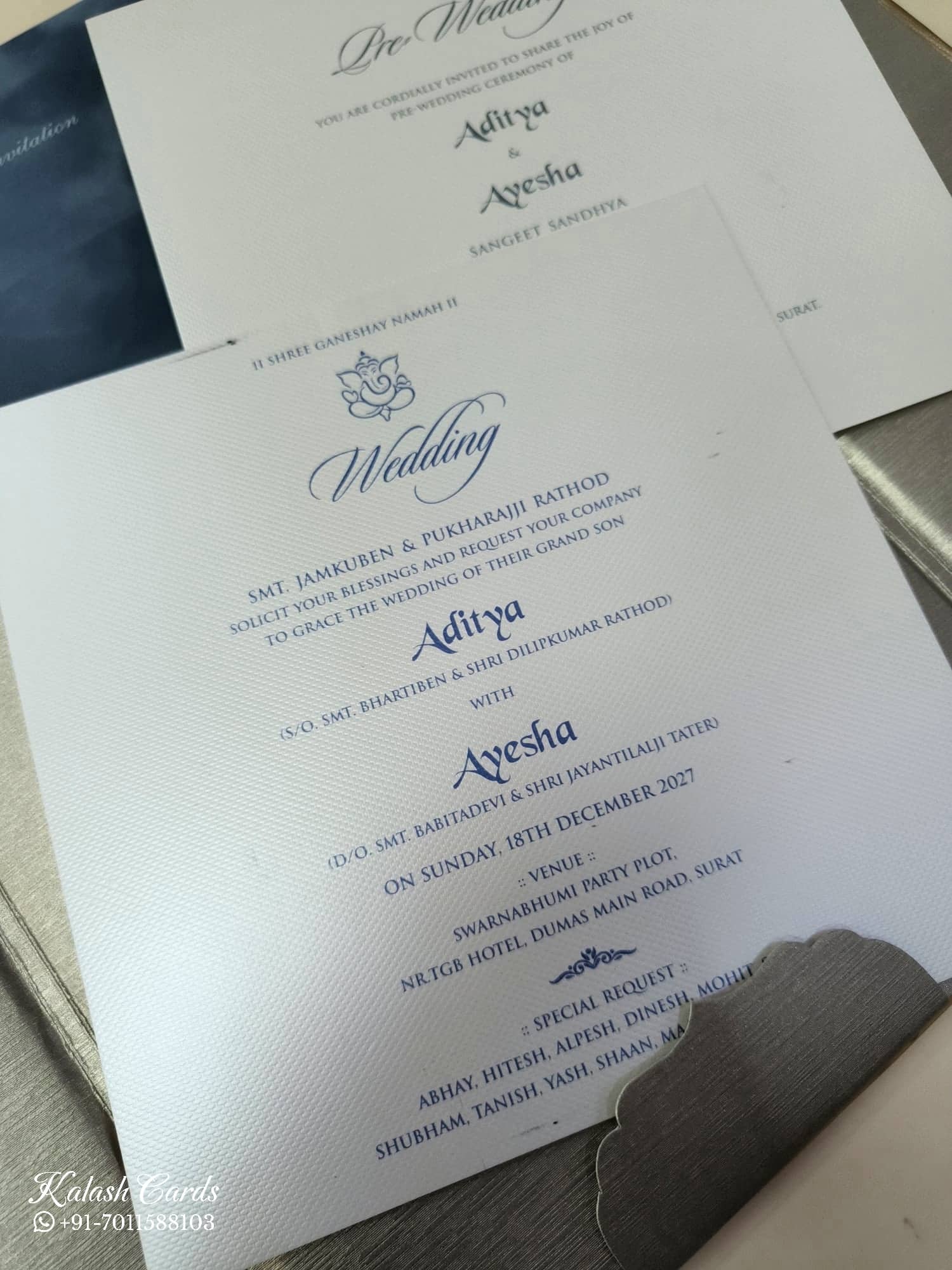 KLB861 Rose Floral Design Grey Golden Color Velvet Semi Box Hardboard Padding Thick Wedding Card (2 Page & Couple Name Acrylic)