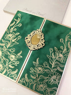 KLB862 Rose Floral Design Green Golden Color Velvet Double Door Style Hardboard Padding Thick Wedding Card (2 Page & Couple Name Acrylic)