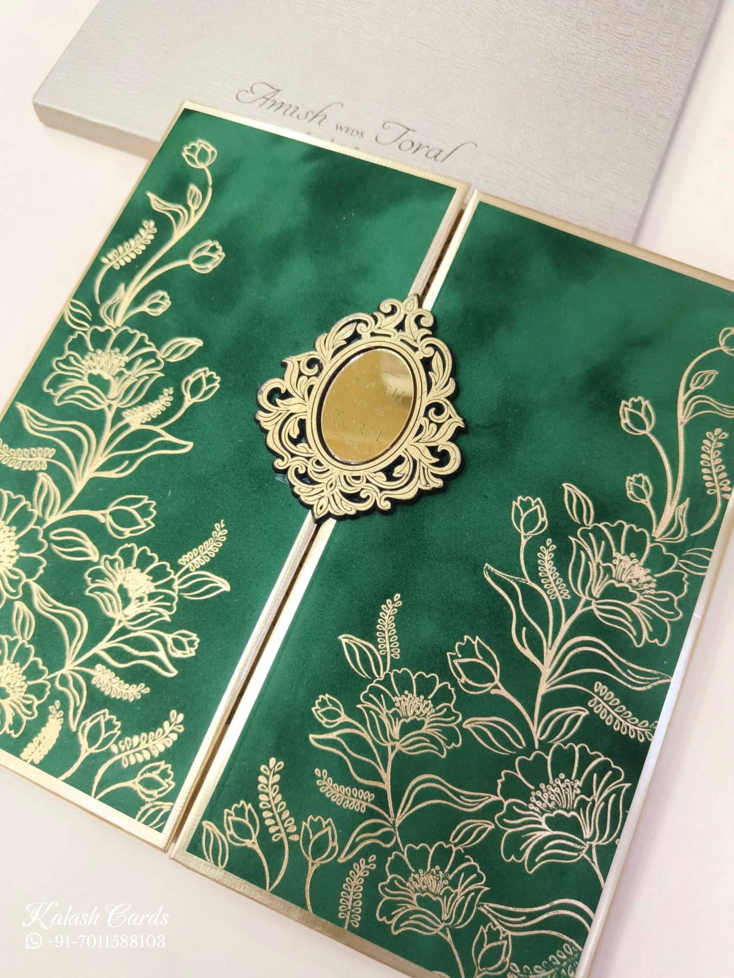 KLB862 Rose Floral Design Green Golden Color Velvet Double Door Style Hardboard Padding Thick Wedding Card (2 Page & Couple Name Acrylic)