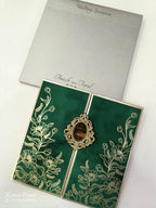 KLB862 Rose Floral Design Green Golden Color Velvet Double Door Style Hardboard Padding Thick Wedding Card (2 Page & Couple Name Acrylic)