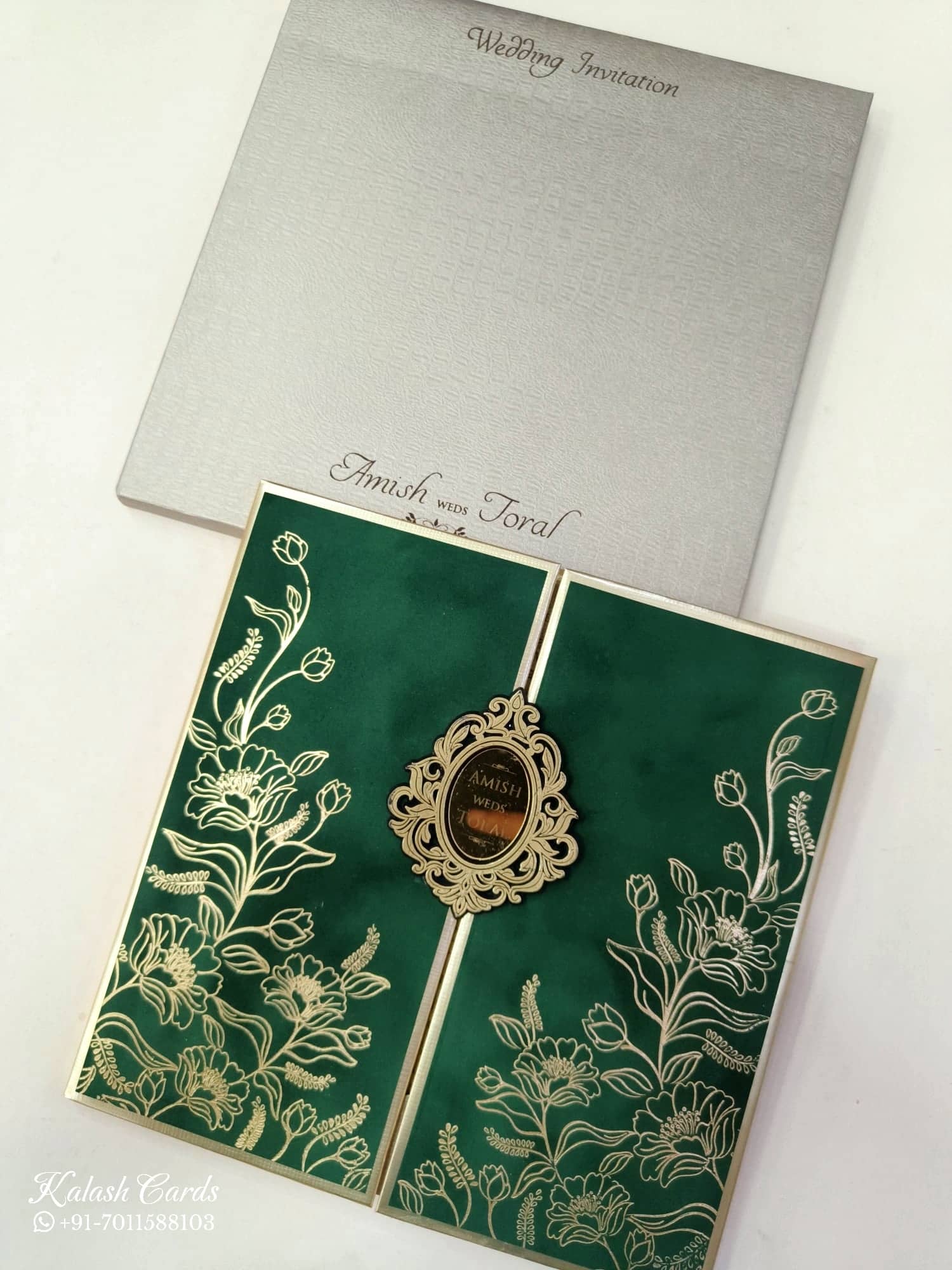 KLB862 Rose Floral Design Green Golden Color Velvet Double Door Style Hardboard Padding Thick Wedding Card (2 Page & Couple Name Acrylic)