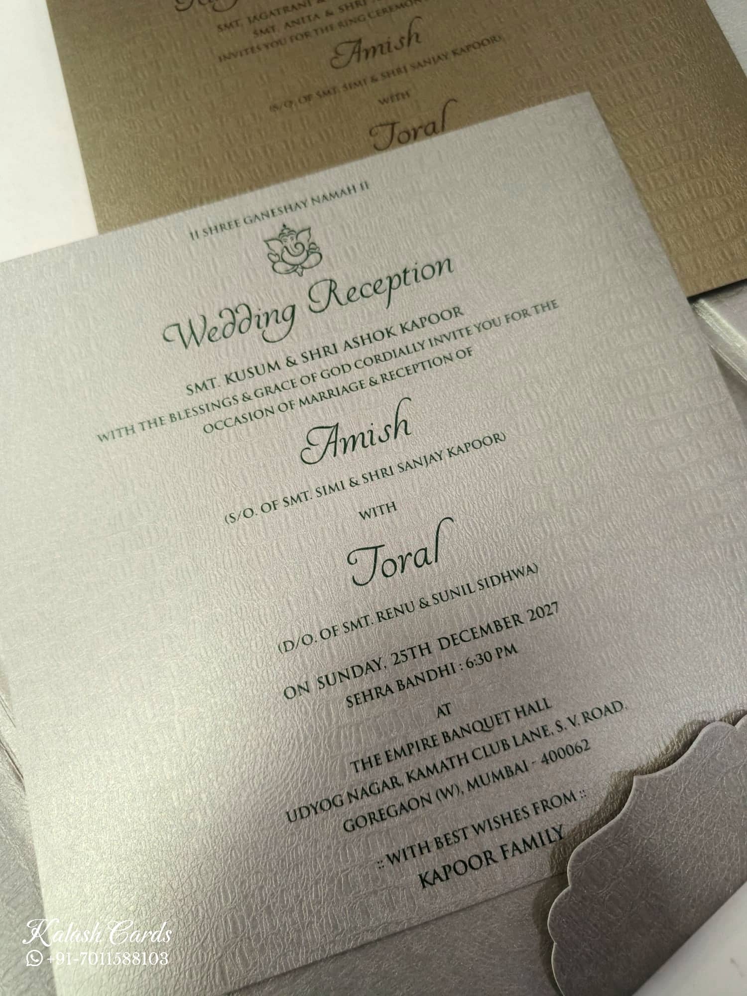 KLB862 Rose Floral Design Green Golden Color Velvet Double Door Style Hardboard Padding Thick Wedding Card (2 Page & Couple Name Acrylic)