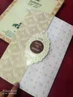 KLB863 Floral Traditional Design Creme Green Color Double Door Style Embossed Semi Box Wedding Card (2 Page & Couple Name Wooden Plate)