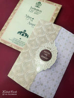 KLB863 Floral Traditional Design Creme Green Color Double Door Style Embossed Semi Box Wedding Card (2 Page & Couple Name Wooden Plate)