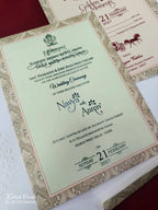 KLB863 Floral Traditional Design Creme Green Color Double Door Style Embossed Semi Box Wedding Card (2 Page & Couple Name Wooden Plate)
