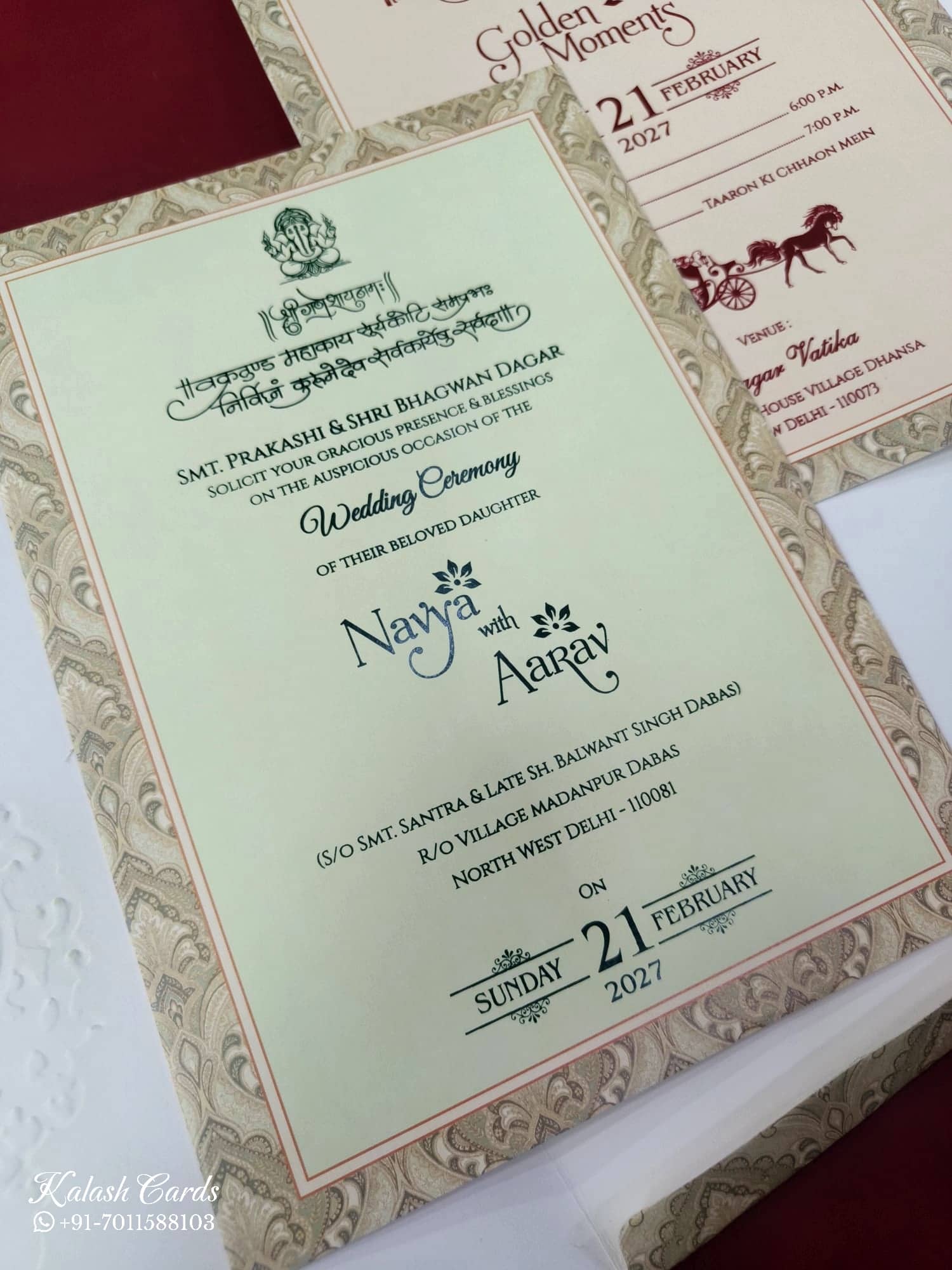 KLB863 Floral Traditional Design Creme Green Color Double Door Style Embossed Semi Box Wedding Card (2 Page & Couple Name Wooden Plate)