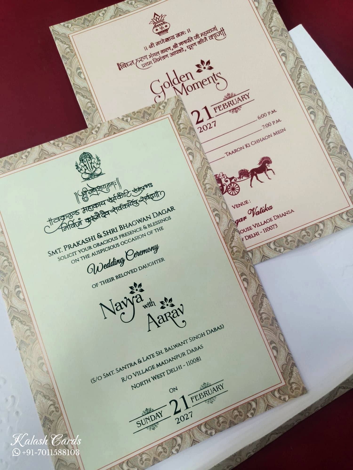 KLB863 Floral Traditional Design Creme Green Color Double Door Style Embossed Semi Box Wedding Card (2 Page & Couple Name Wooden Plate)