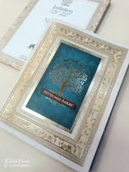 KLB864 Traditional Tree of Life Design Creme Royal Blue Color Semi Box Wedding Card (2 Page & Couple Name Wooden Plate)