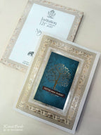 KLB864 Traditional Tree of Life Design Creme Royal Blue Color Semi Box Wedding Card (2 Page & Couple Name Wooden Plate)