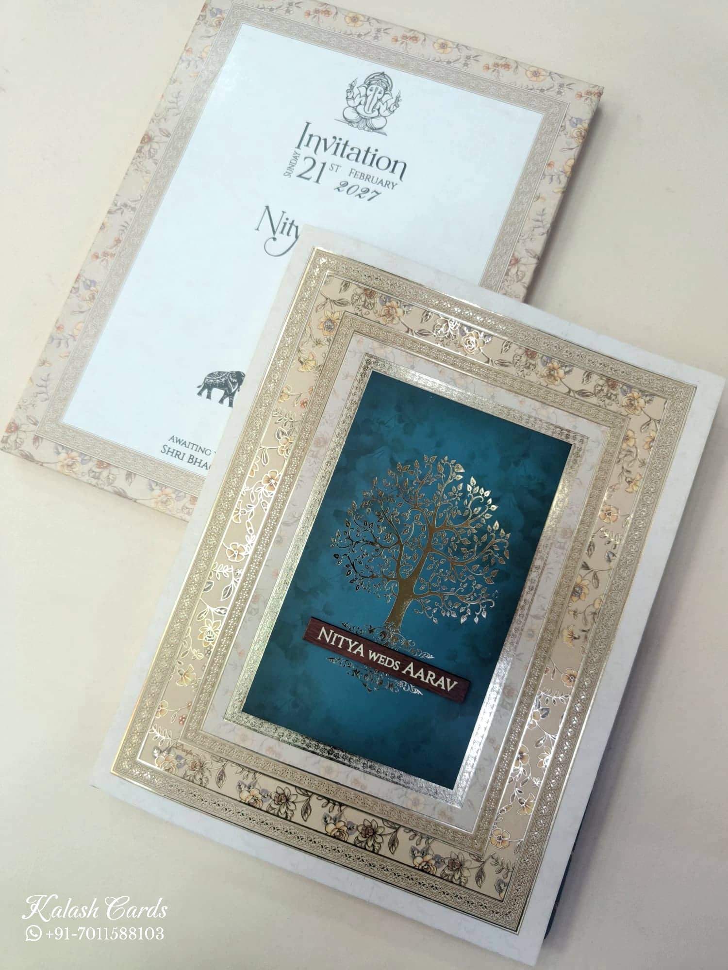 KLB864 Traditional Tree of Life Design Creme Royal Blue Color Semi Box Wedding Card (2 Page & Couple Name Wooden Plate)