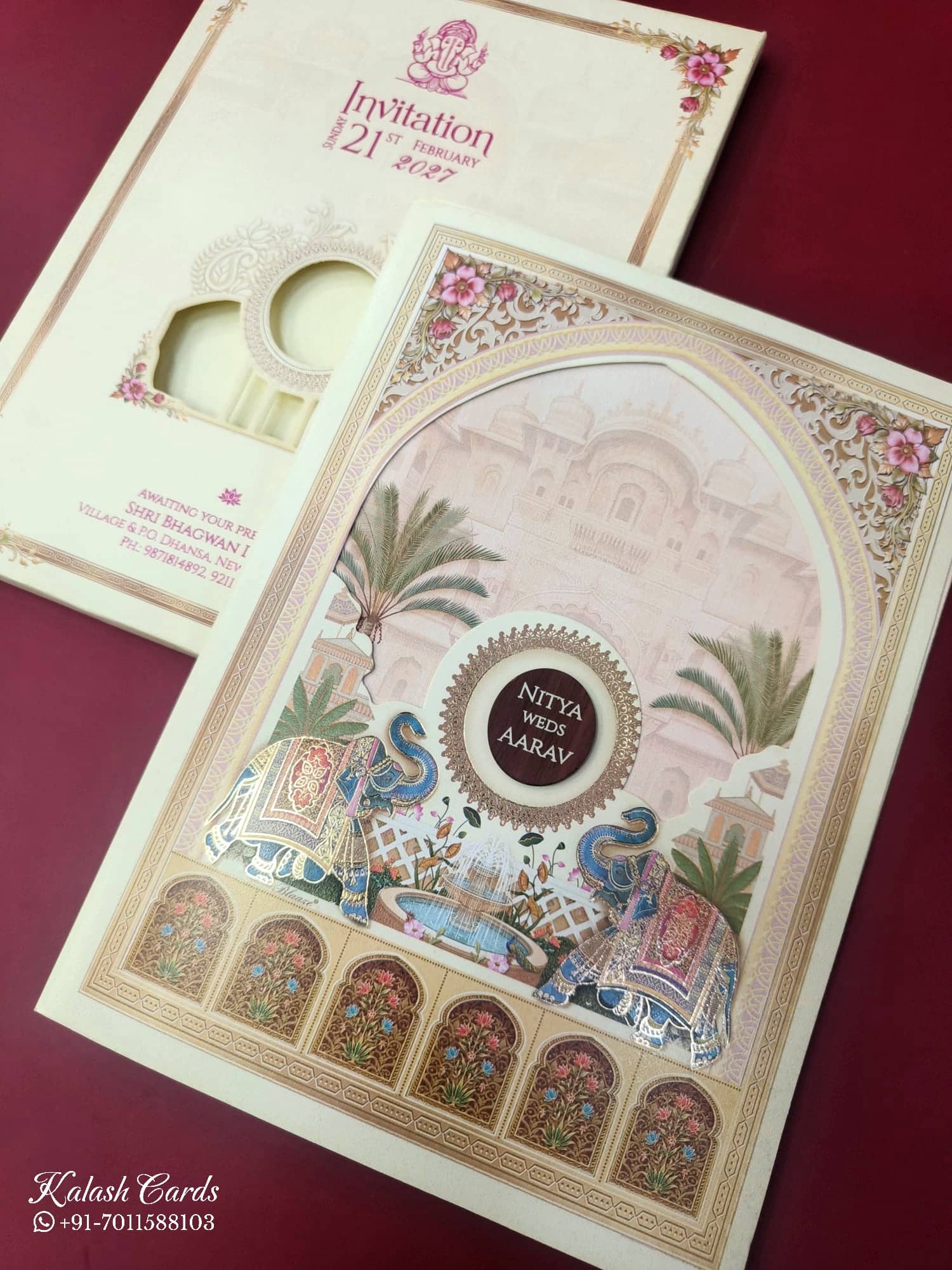 KLB865 Royal Fort Elephant Design Creme Color Semi Box Wedding Card (2 Page & Couple Name Wooden Plate)
